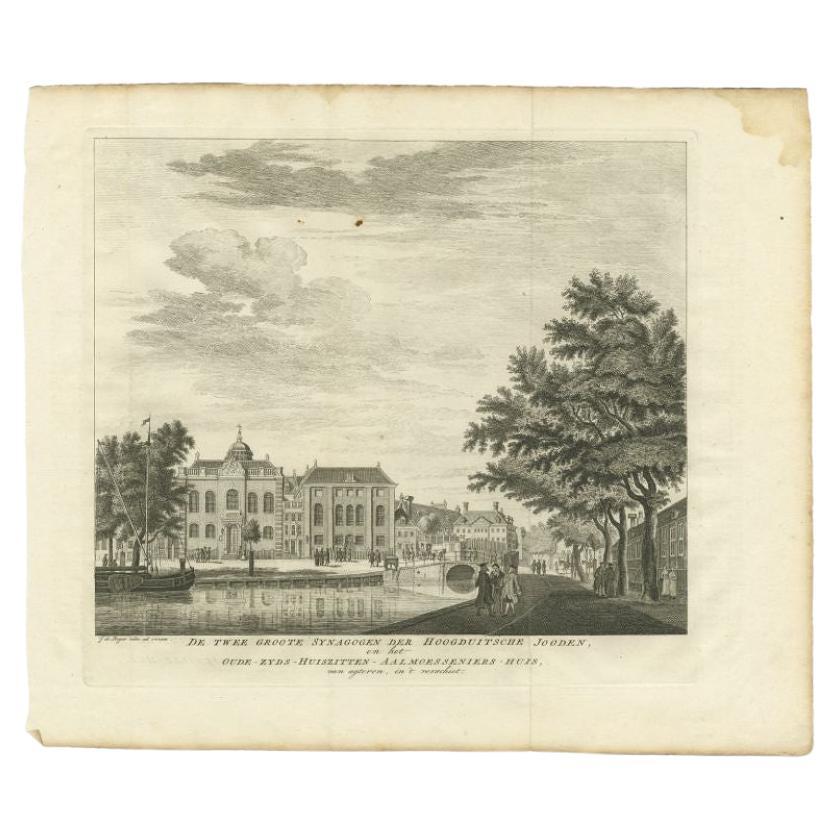 Antique print titled 'De Twee groote Synagogen der Hoogduitsche Jooden en het Oude-Zyds-Huiszitten-Aalmoesseniers-Huis van agteren, in 't verschiet'. Old print depicting two large large synagogues of German jews in Amsterdam. Published circa 1760.