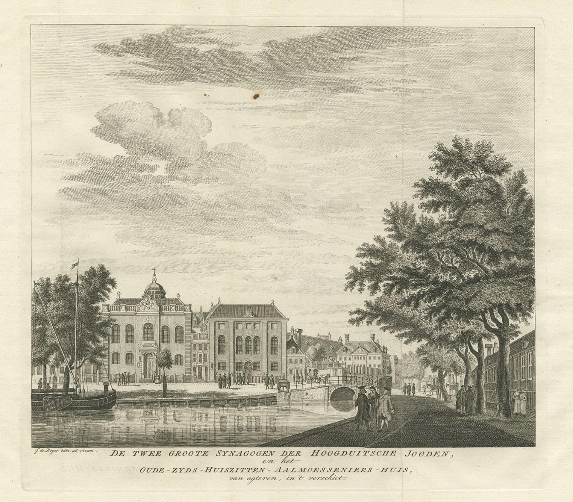 Antique Print of Two Jewish Synagogues in Amsterdam, The Netherlands, c.1760 In Good Condition For Sale In Langweer, NL