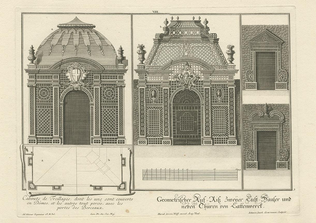 Grabado antiguo de Dos pabellones y puertas de Wolff '1737 en Bueno estado para la venta en Langweer, NL