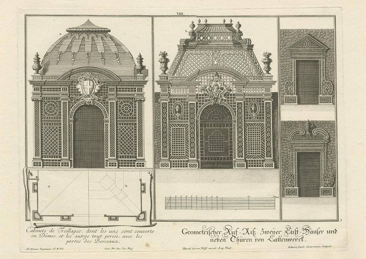Antique Print of Two Pavilions and Gates by Wolff '1737'