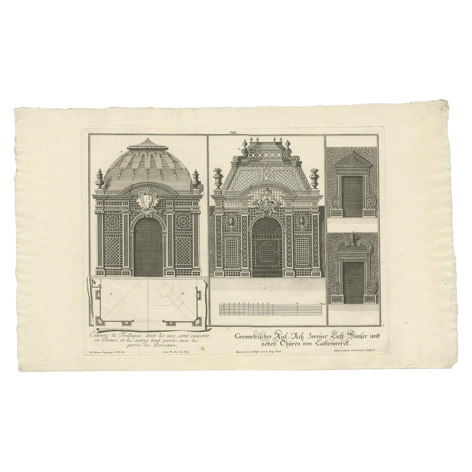 Antique Print of Two Pavilions and Gates by Wolff '1737'