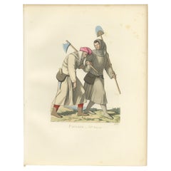 Impression ancienne de deux paysans, 15e siècle, par Bonnard, 1860