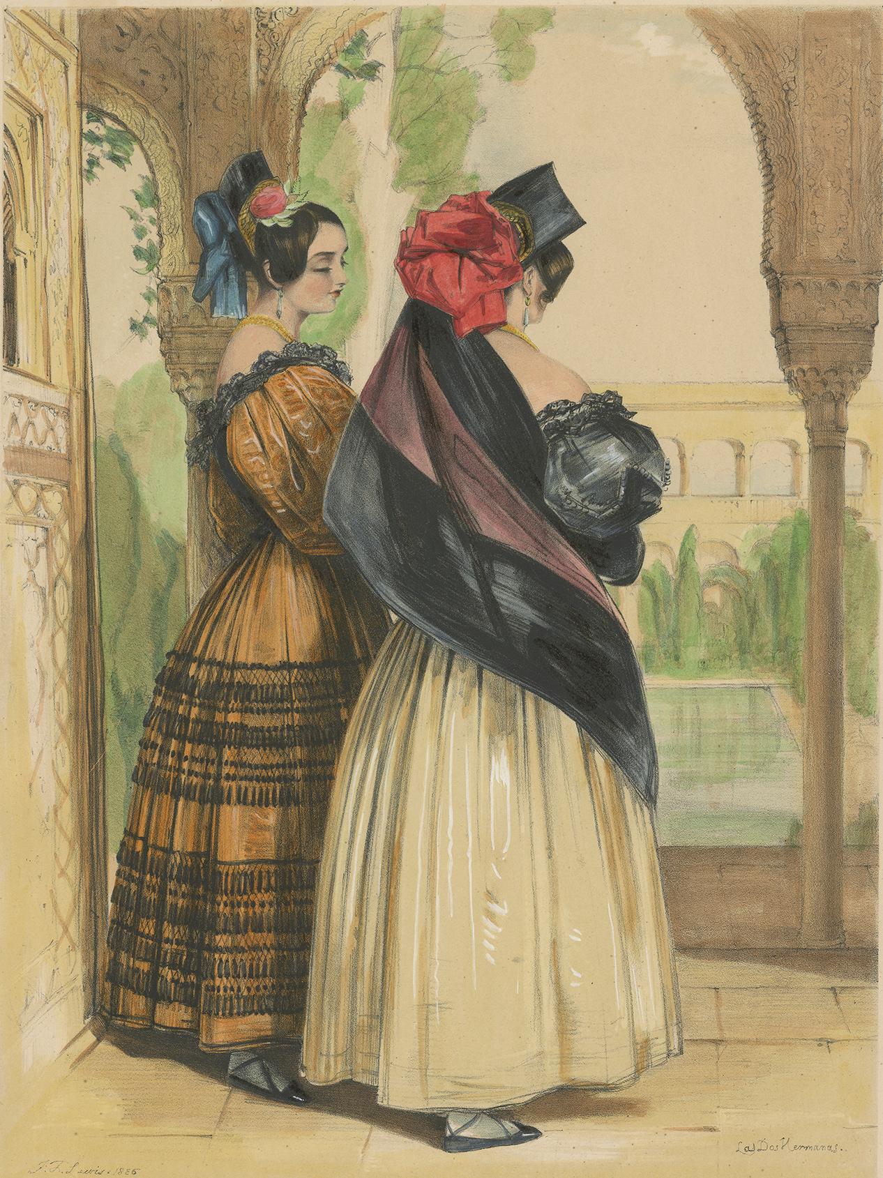 Antique print titled 'Las dos Hermanas'. Lithograph of two sisters in a traditional Spanish dress standing in an portico looking out on an interior garden. Originates from John Frederick Lewis 