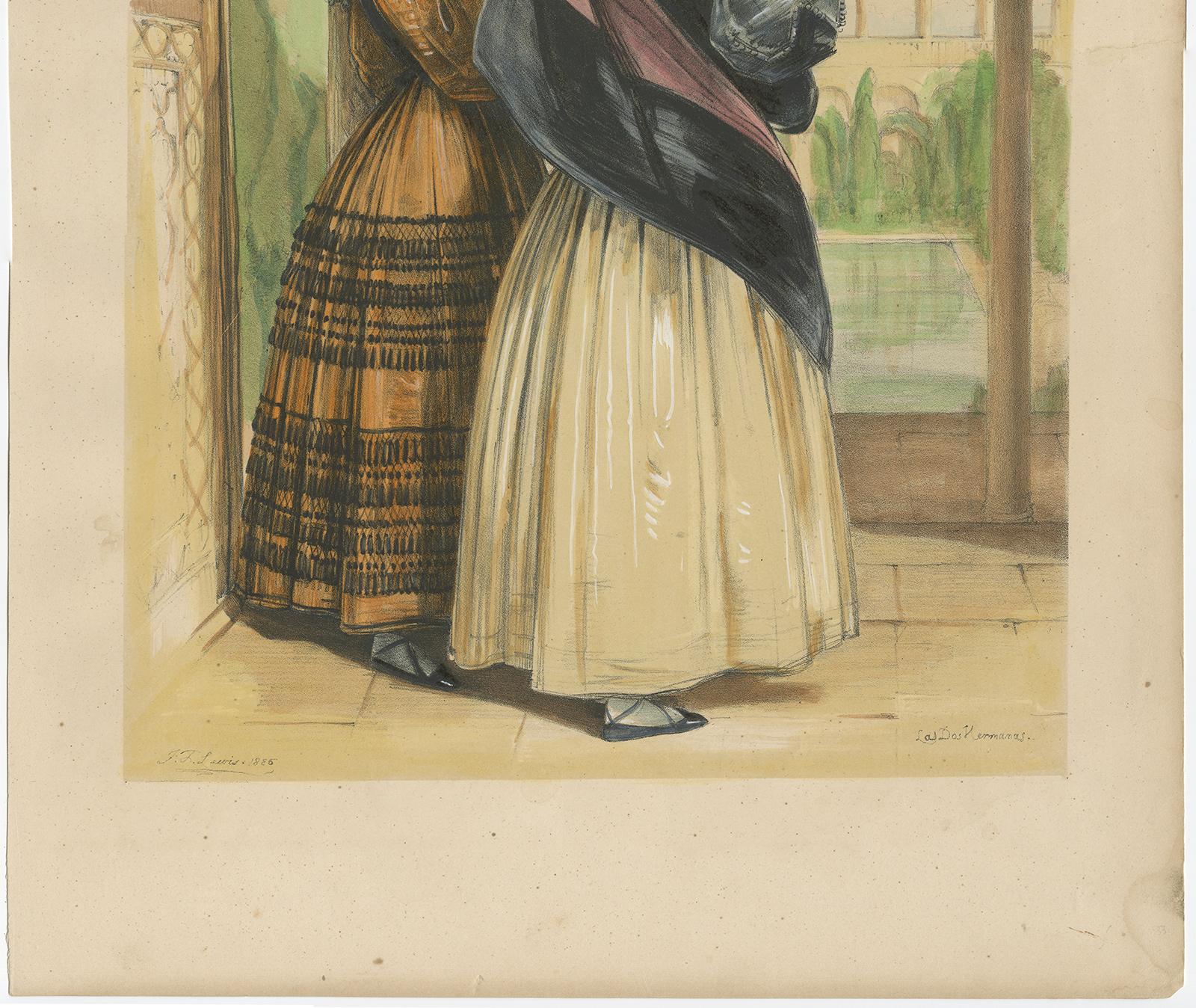 Antique Print of Two Spanish Ladies by J.F. Lewis, 1836 In Good Condition For Sale In Langweer, NL