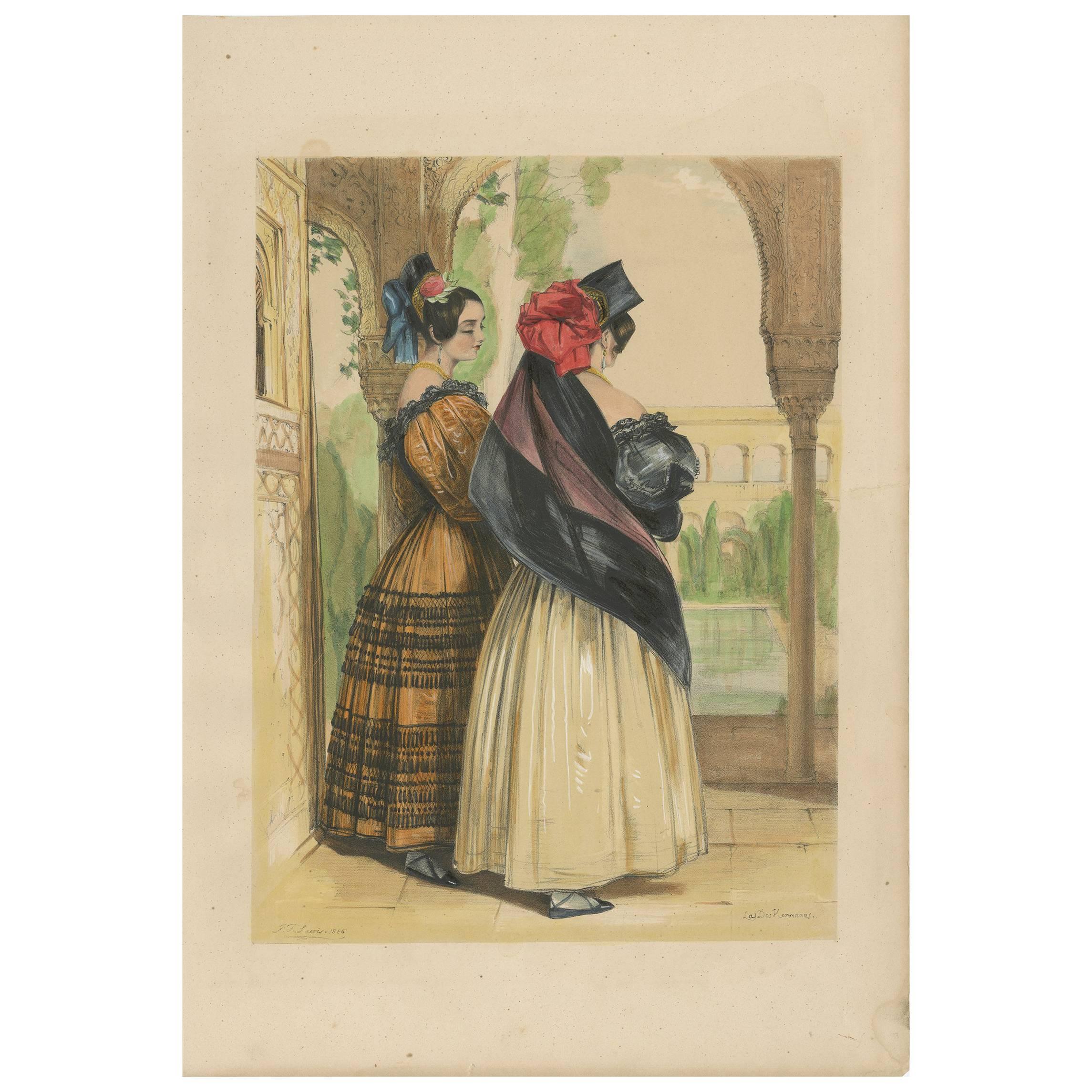 Antique Print of Two Spanish Ladies by J.F. Lewis, 1836 For Sale