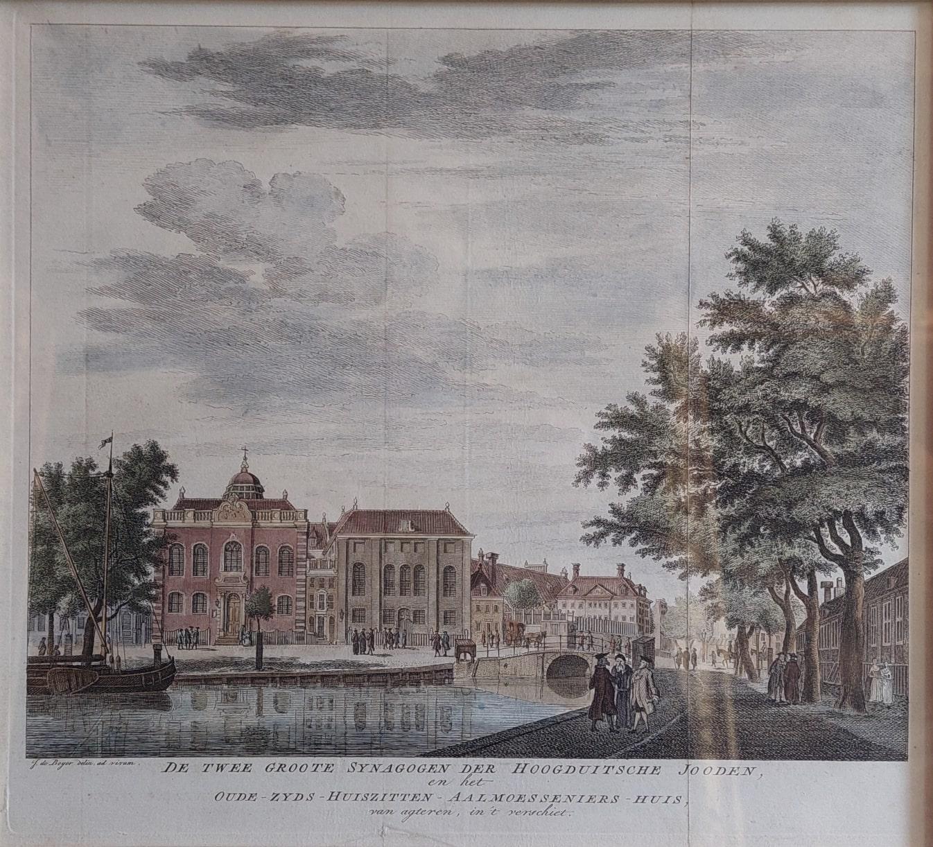 Antiker Druck zweier Synagogen in Amsterdam, Niederlande, um 1760 (Papier) im Angebot