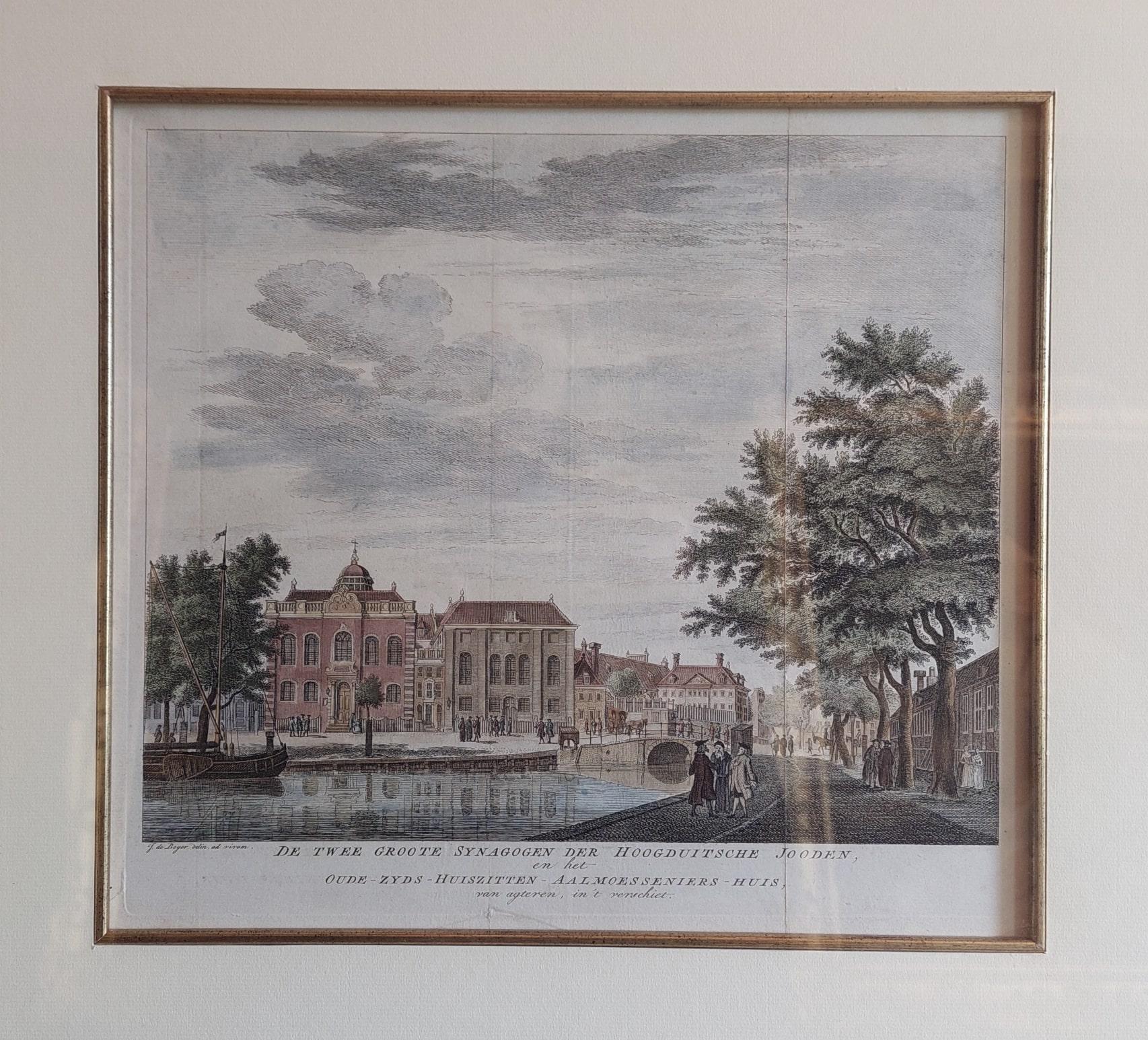 Antiker Druck zweier Synagogen in Amsterdam, Niederlande, um 1760 im Angebot