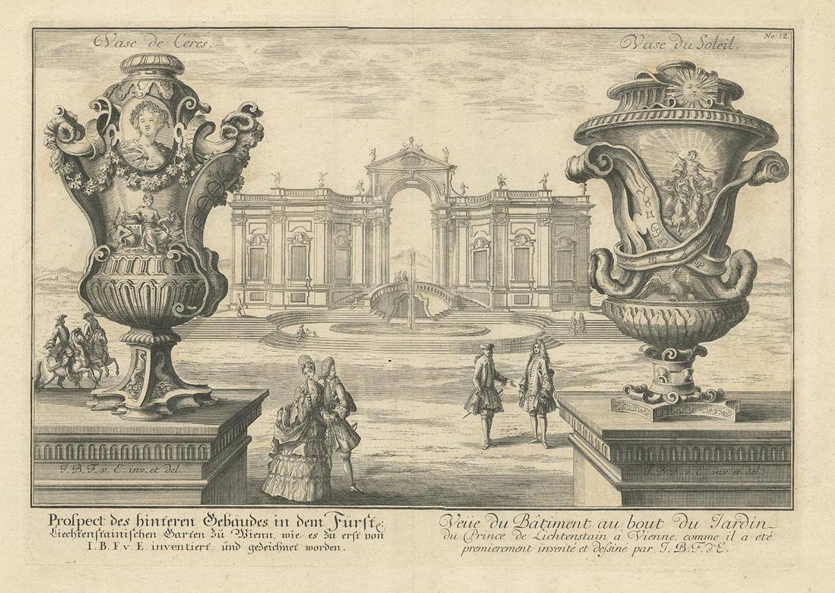 Antique Print of Two Vases and a Building in Vienna by Fischer von Erlach, 1725