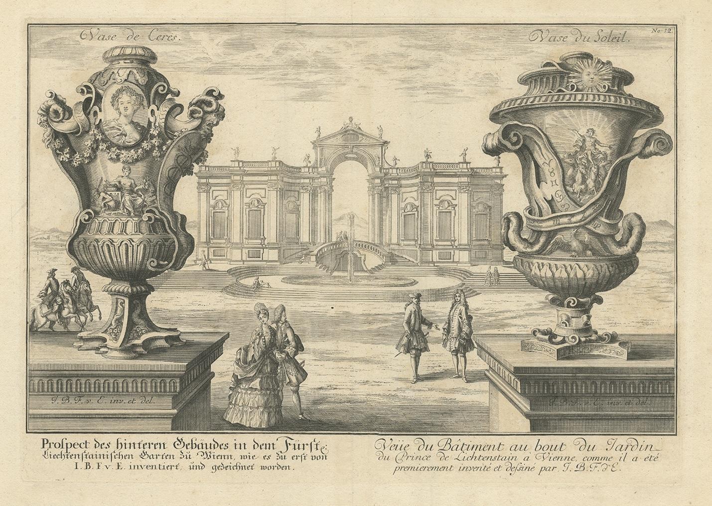 Impression ancienne de deux vases et d'un bâtiment à Vienne par Fischer von Erlach, 1725 Bon état - En vente à Langweer, NL