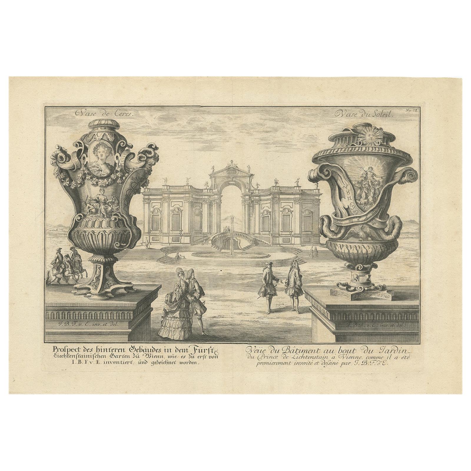 Grabado antiguo de Dos jarrones y un edificio en Viena por Fischer von Erlach, 1725