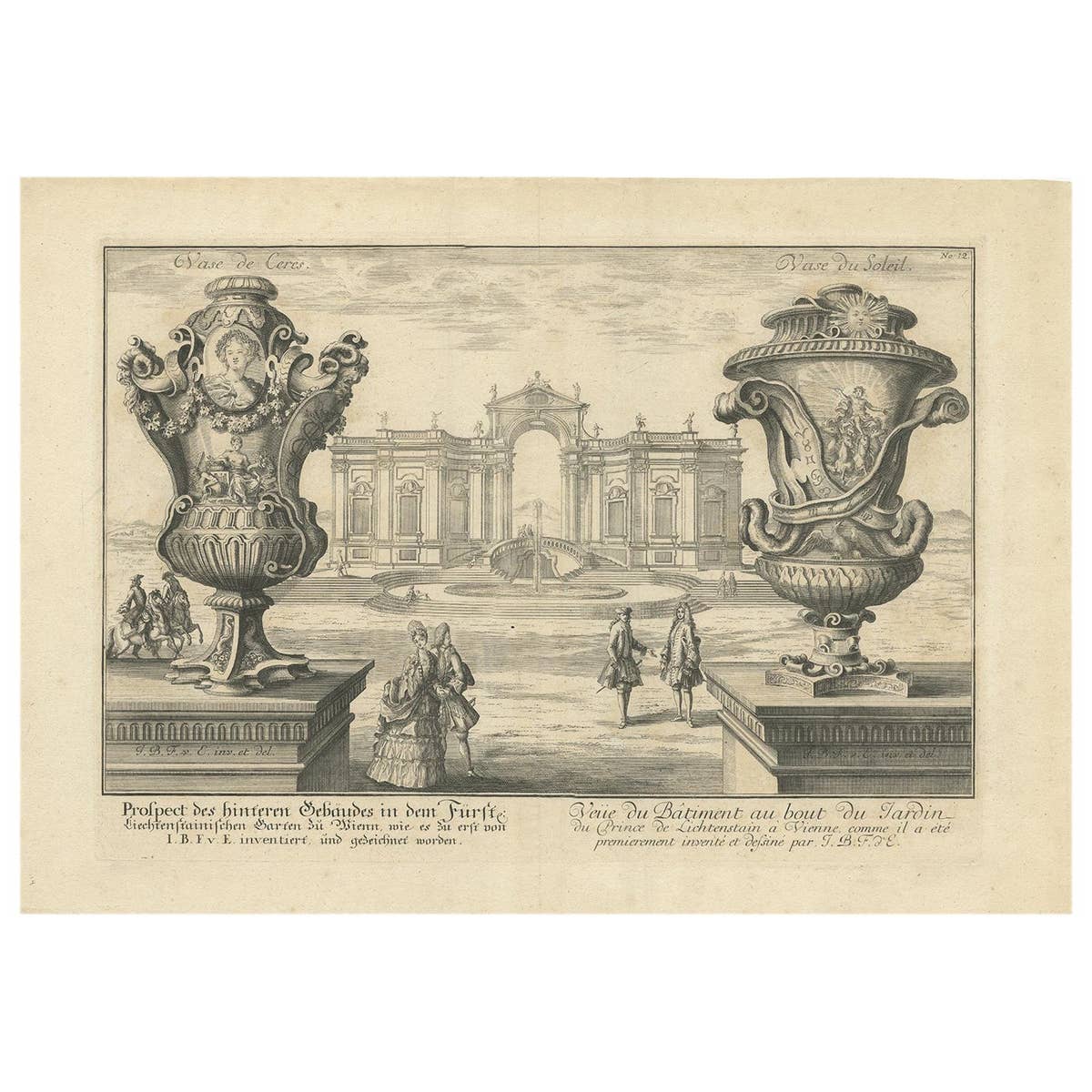Antique Print of Two Vases and a Building in Vienna by Fischer von Erlach, 1725