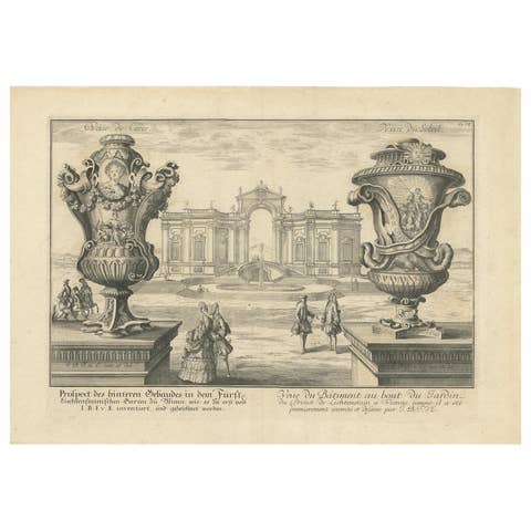 Antique Print of Two Vases and a Building in Vienna by Fischer von Erlach, 1725