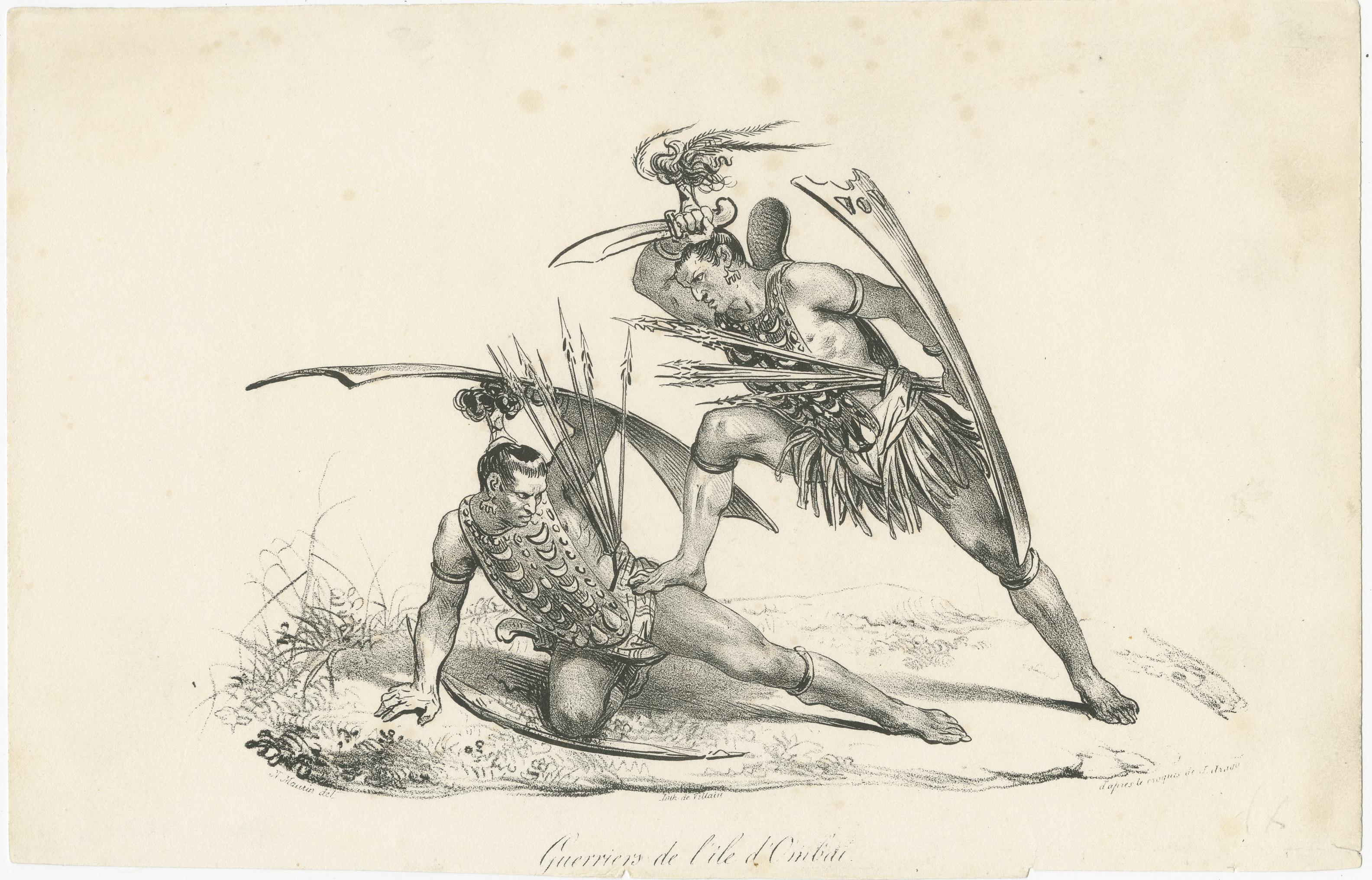 Antique print titled 'Guerriers de l'ile d'Ombai'. Two warriors of Ombai Island, Papua fighting. Ombai is an alternative name for the island of Alor. Plate to 'Souvenirs d'un aveugle (blind man)' by Jacques Etienne Victor Arago (1790 - 1855). A