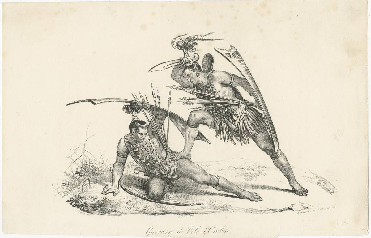 Antique Print of Two Warriors of Ombai Island