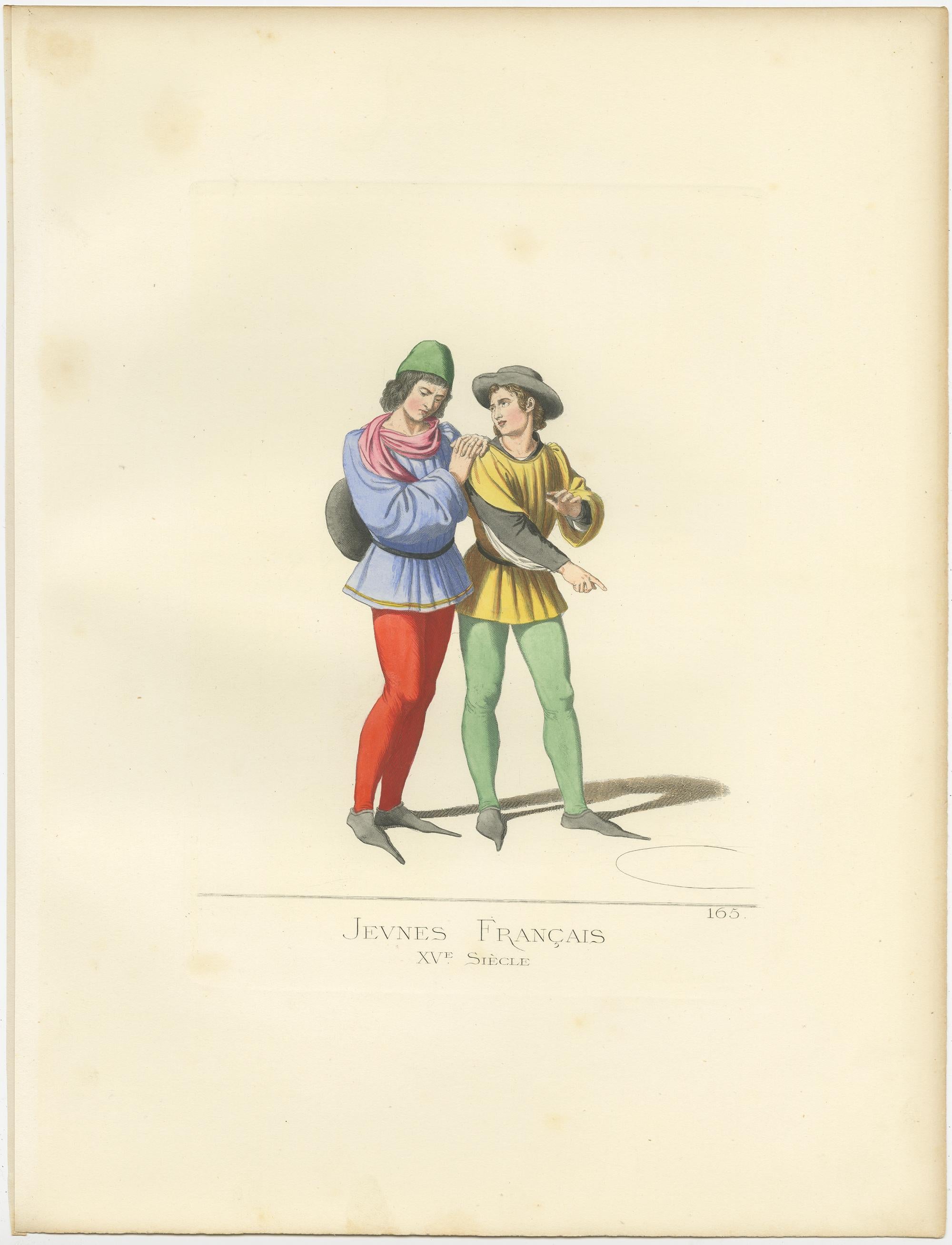 Antique print titled ‘Jeune Francais, XVe Siecle.’ Original antique print of two young French men, 15th Century. This print originates from 'Costumes historiques de femmes du XIII, XIV et XV siècle' by C. Bonnard. Published 1860.