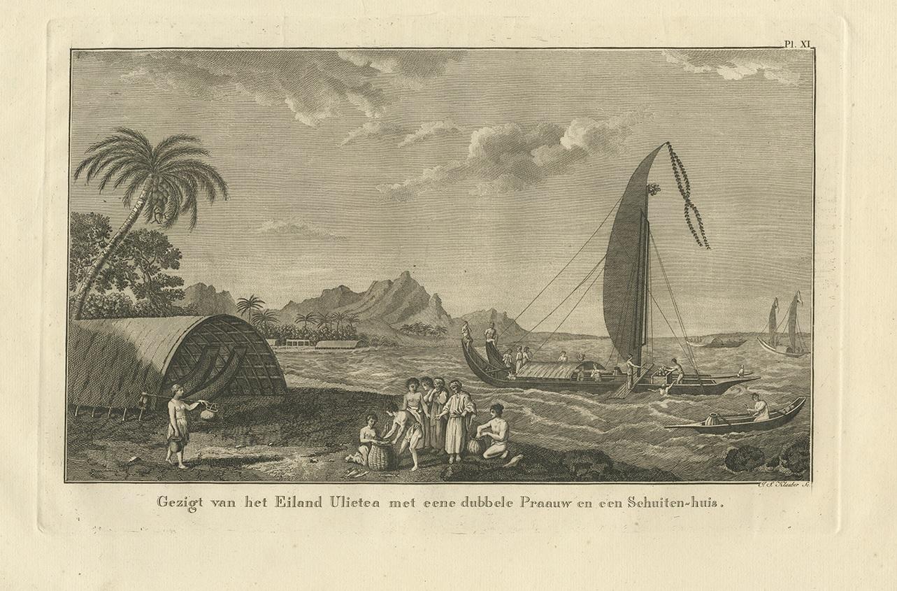 Antique print titled 'Gezigt van het Eiland Ulietea met eene dubbele Praauw en een Schuiten-huis'. This print depicts Ulietea, French Polynesia. Also depicts a proa. Originates from 'Reizen rondom de Waereld' by J. Cook. Translated by J.D. Pasteur.