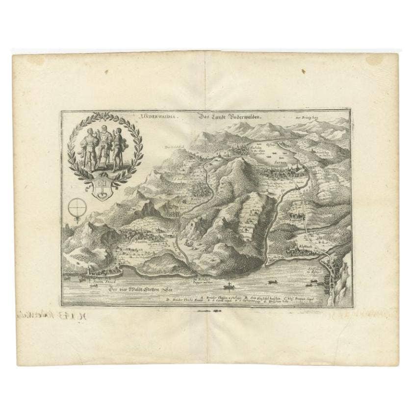 Antique Print of Unterwalden, South of Lake Lucerne in Switzerland, 1654
