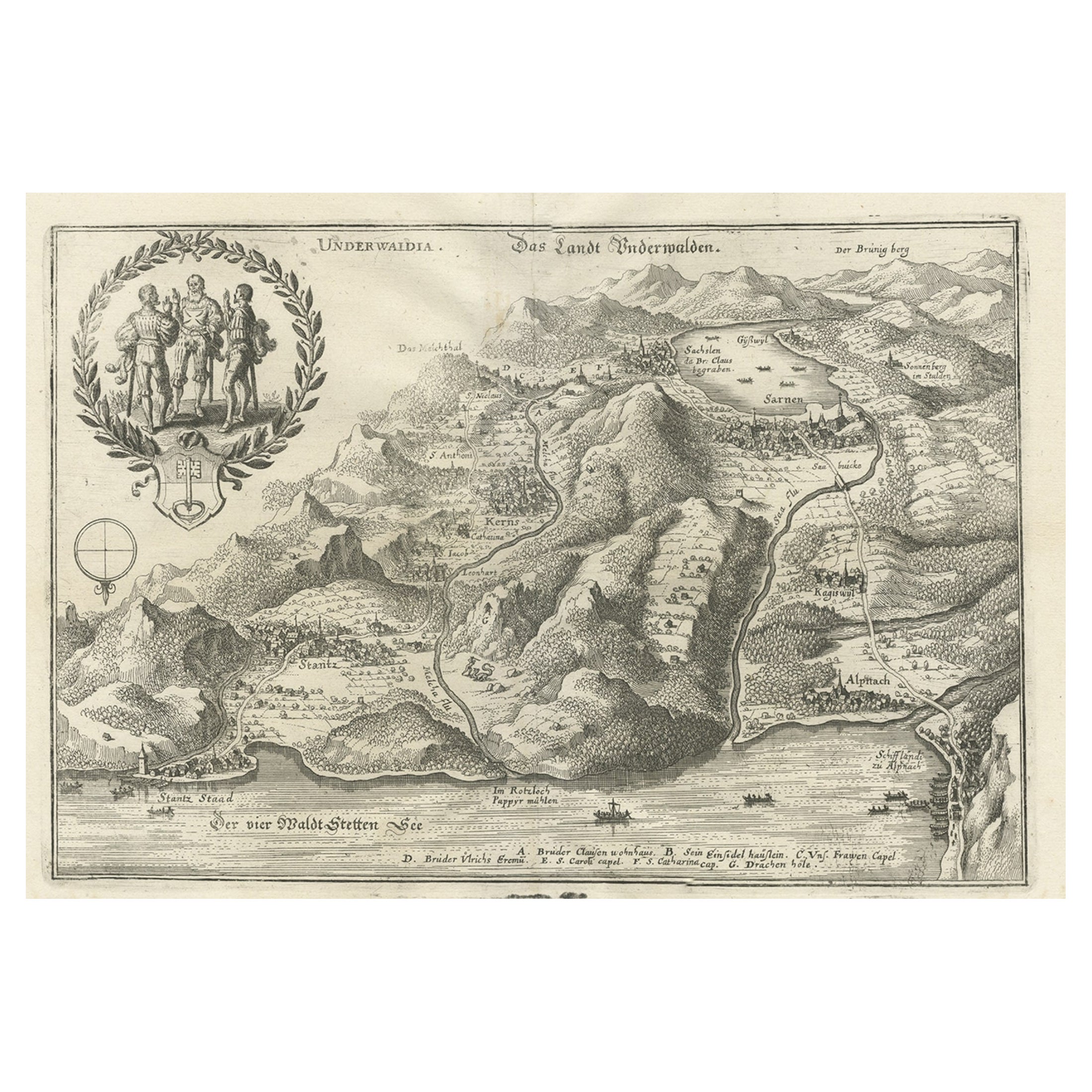 Impression ancienne d' Unterwalden, au sud du lac de Lucerne en Suisse, 1654