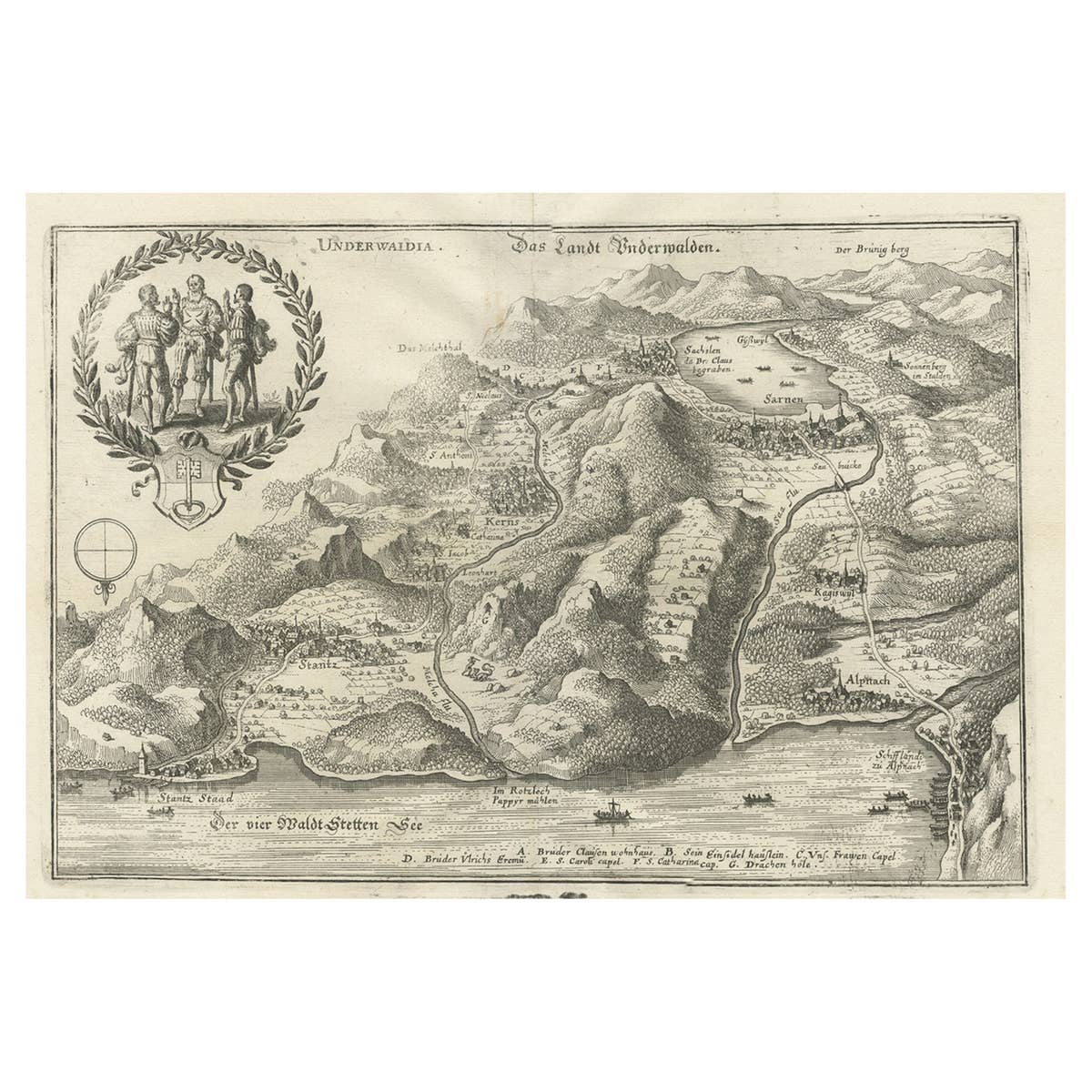 Antique Print of Unterwalden, South of Lake Lucerne in Switzerland, 1654
