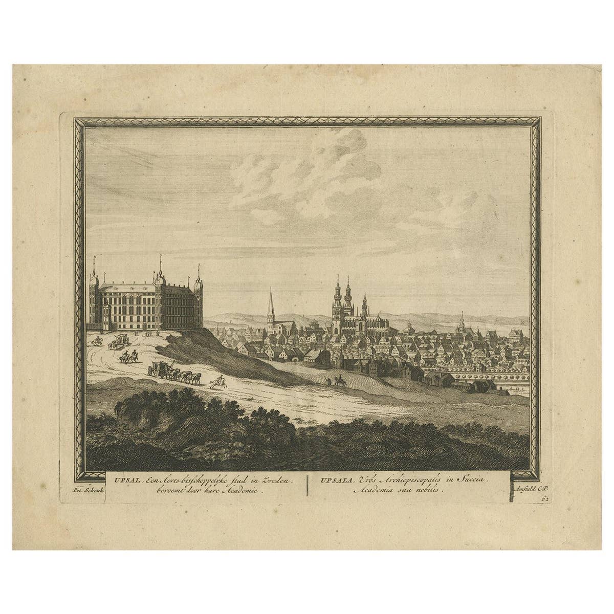 Antique Print of Uppsala by Schenk, circa 1700