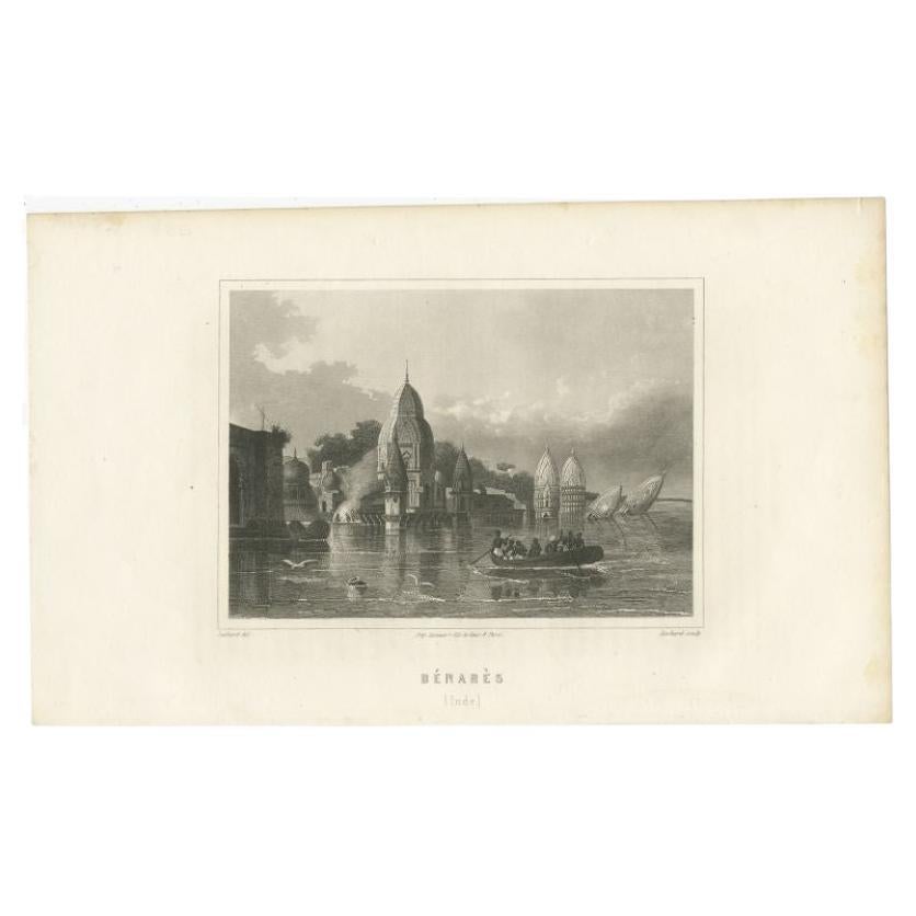 Antique print titled 'Bénarès (Inde)'. View of Varanasi, also known as Benares, Banaras or Kashi. Varanasi a city on the banks of the river Ganges in Uttar Pradesh, India. Source unknown, to be determined.

Artists and Engravers: Engraved by