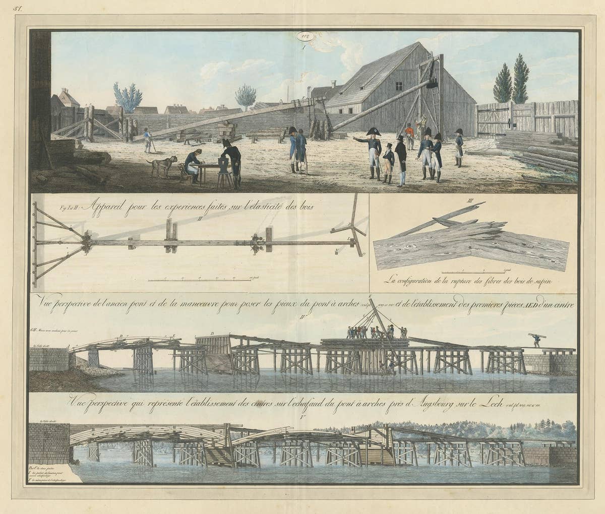 Antique Print of Various Bridge Constructions in the Napoleonic Era 'c.1810'