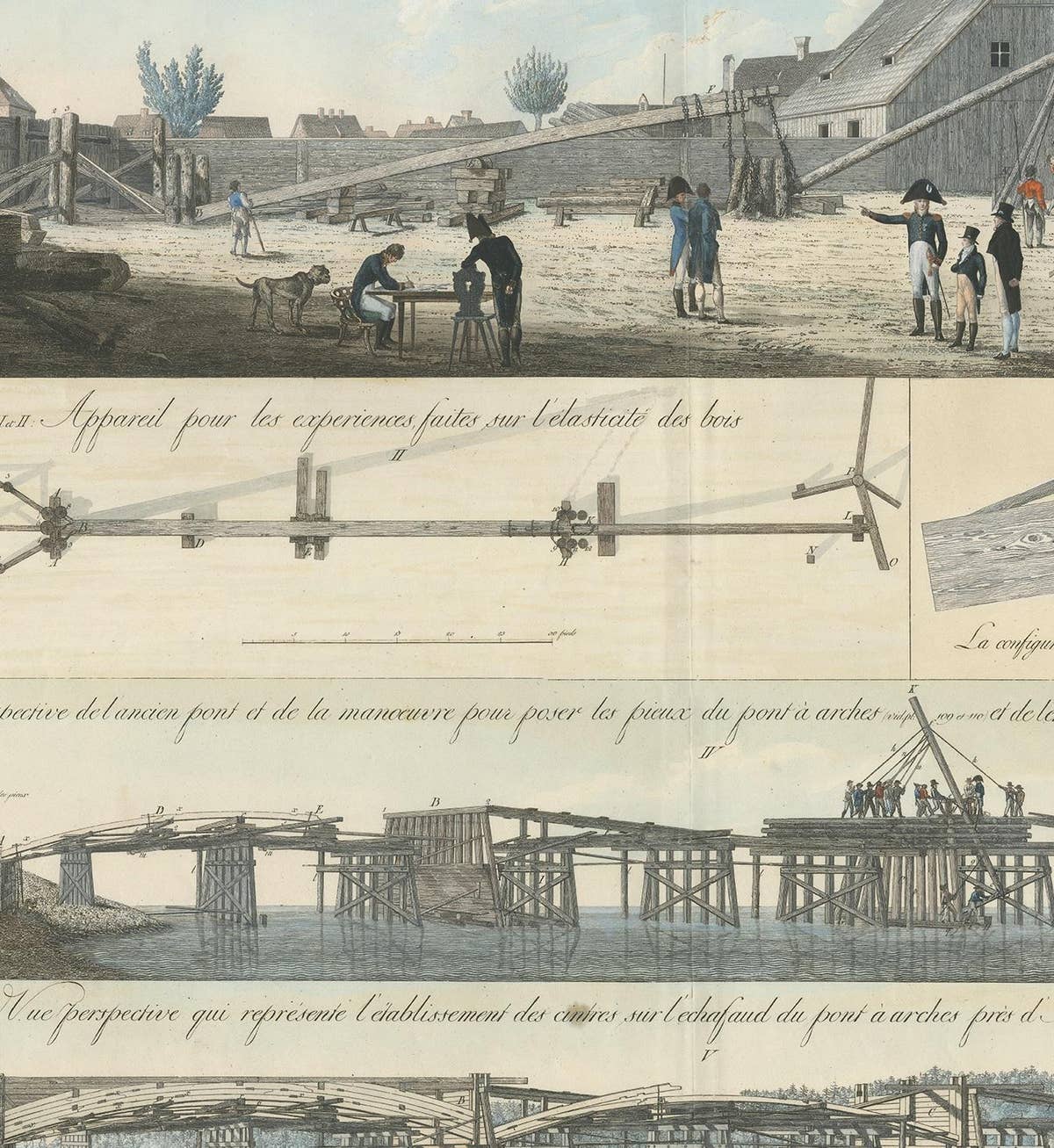 Antique Print of Various Bridge Constructions in the Napoleonic Era 'c.1810'