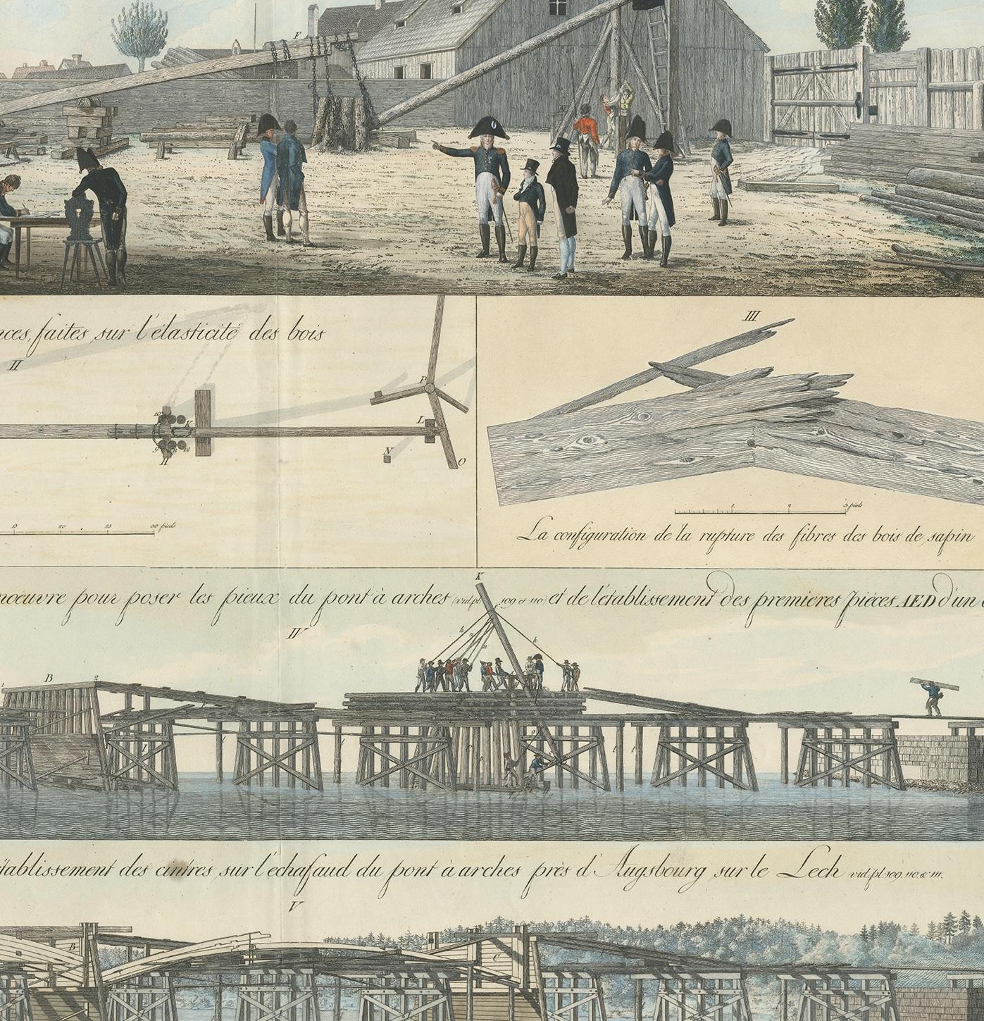 19th Century Antique Print of Various Bridge Constructions in the Napoleonic Era 'c.1810' For Sale