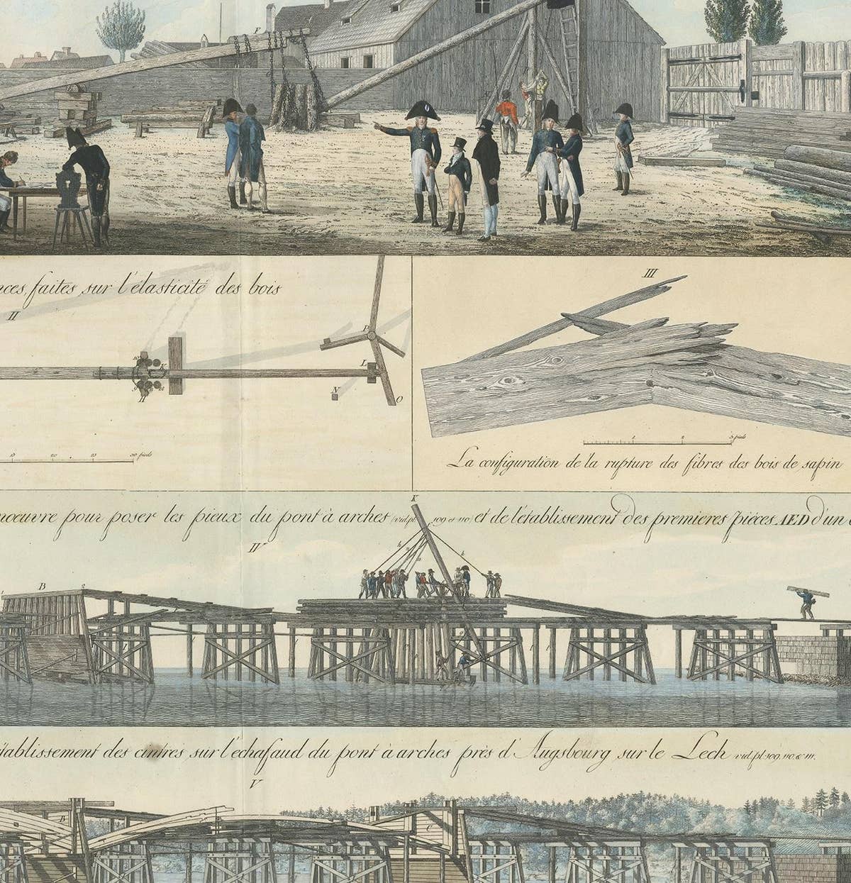 Antique Print of Various Bridge Constructions in the Napoleonic Era 'c.1810'