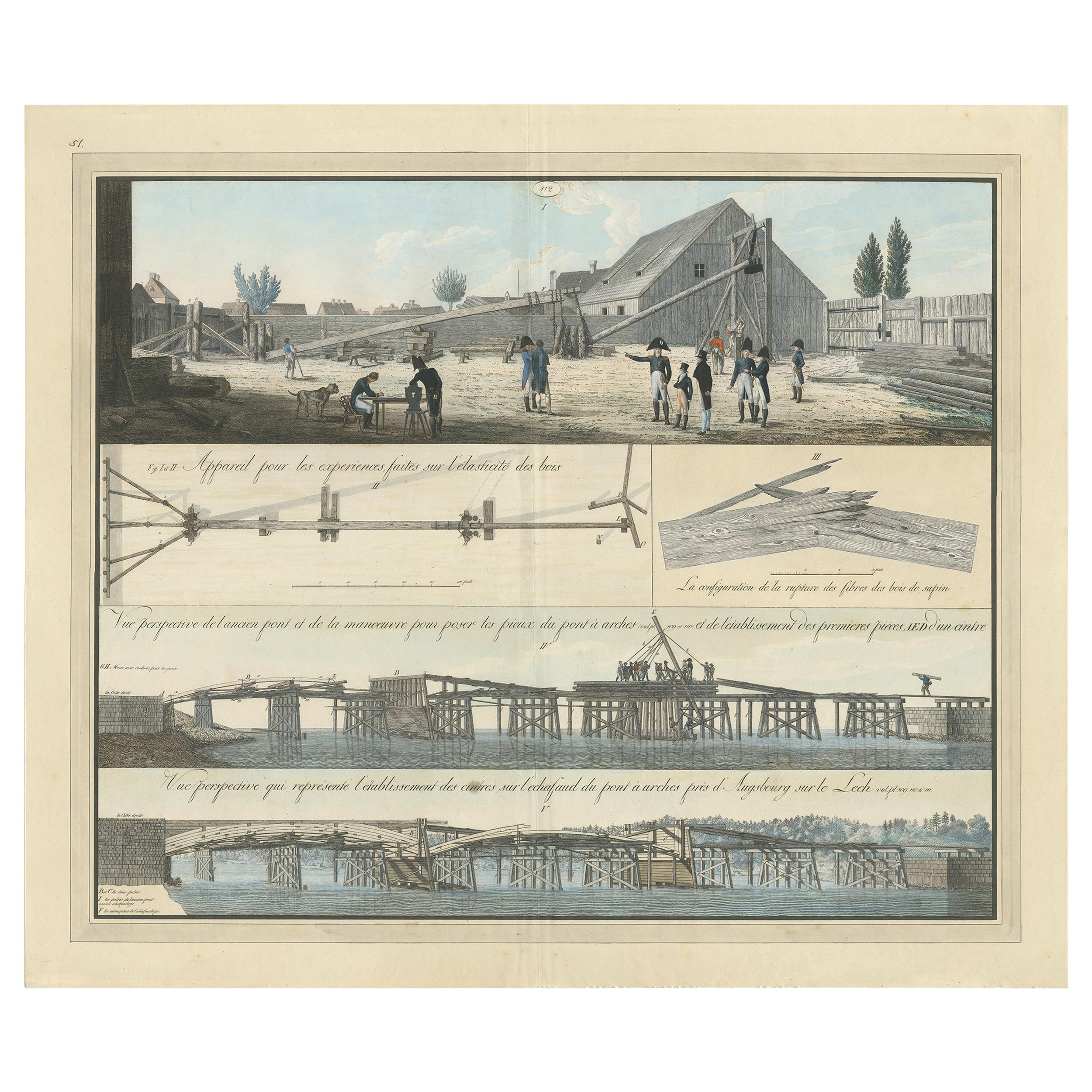 Antique Print of Various Bridge Constructions in the Napoleonic Era 'c.1810'