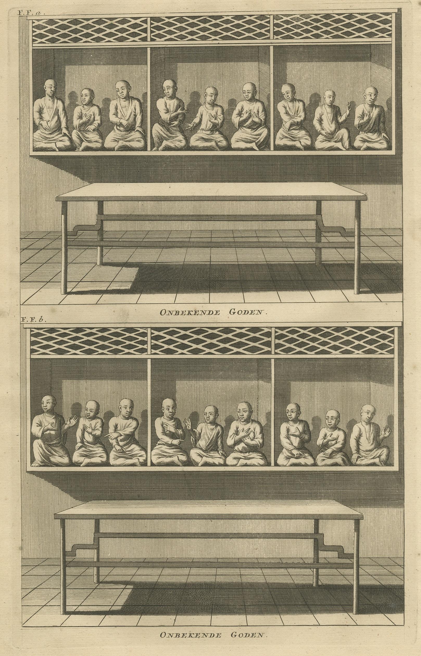 Antique print titled 'Intrede des Chineschen Tempels - De Chineesche God Calamija'. Copper engraving of two female deities of Chinese Buddhism in Indonesia; Quanteja and Quam Iem Hoedso. This print originates from 'Oud en Nieuw Oost-Indiën' by F.