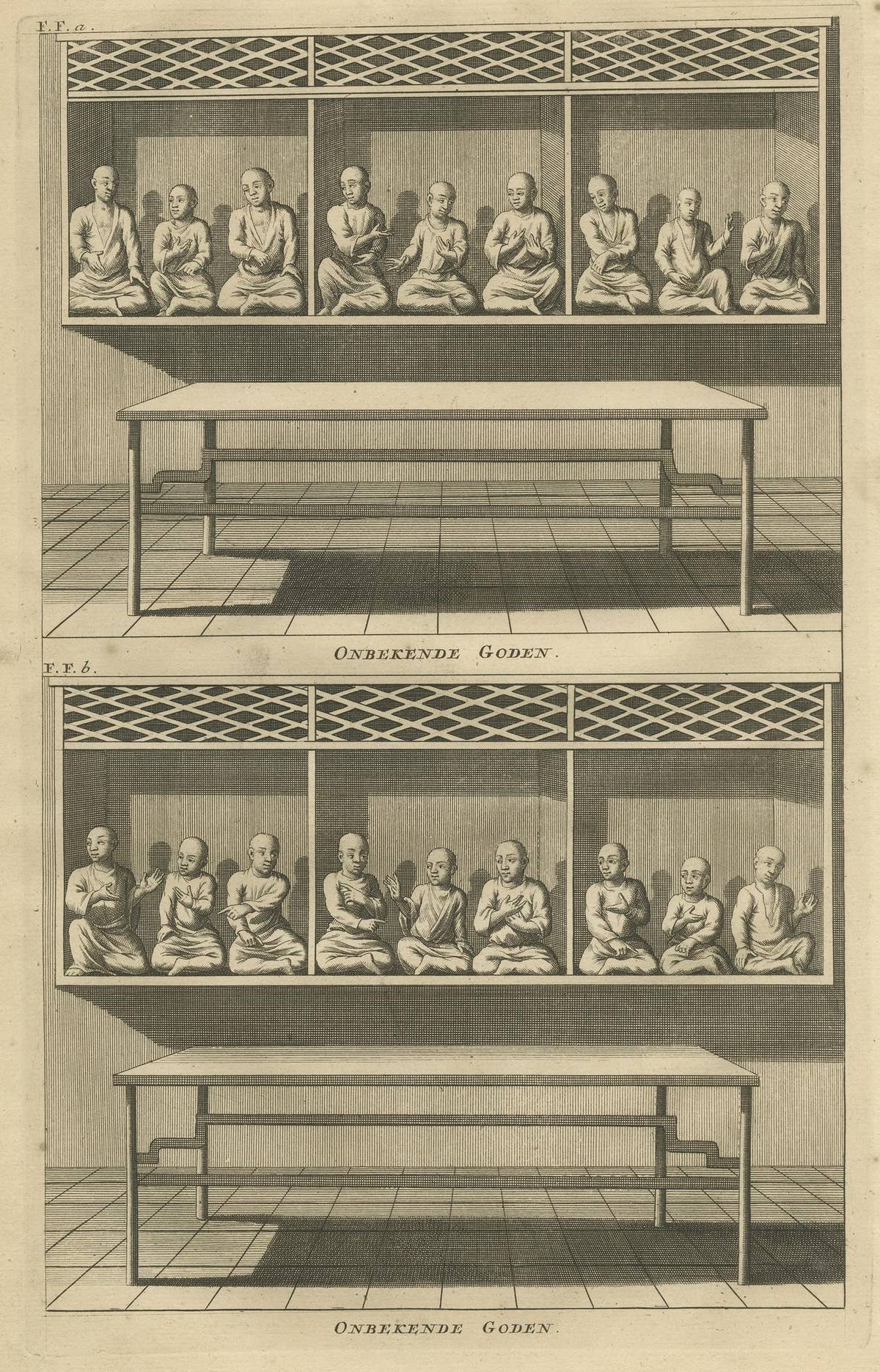 Antique Print of Various Chinese Gods by Valentijn, 1726