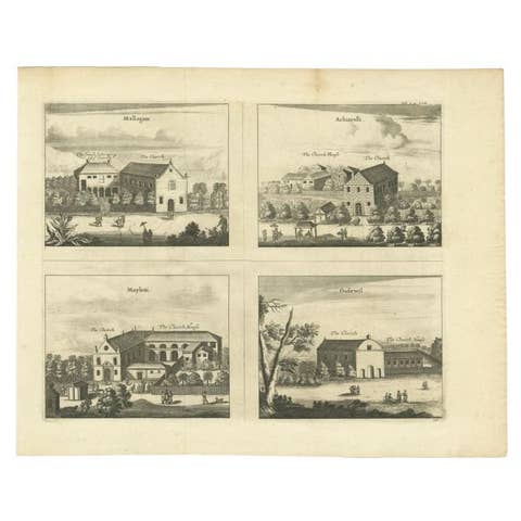 Antique Print of various Churches on Ceylon by Churchill, 1744