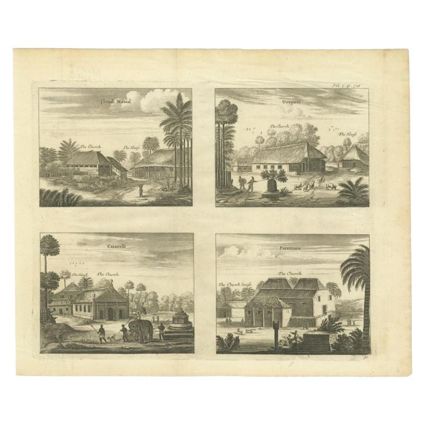 Antique Print of Various Churches on Ceylon by Churchill, 1744