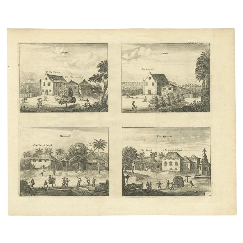 Antique Print of Various Churches on Ceylon by Churchill, 1744 For Sale