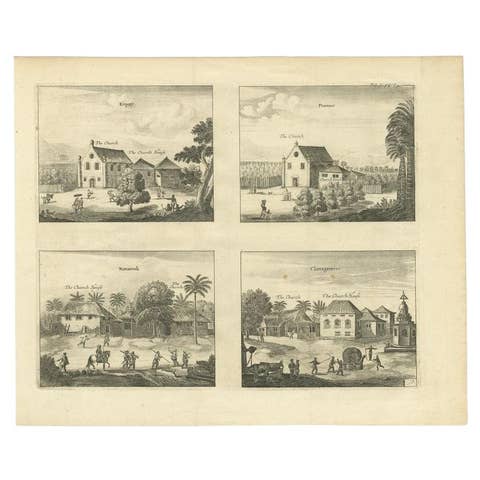 Antique Print of Various Churches on Ceylon by Churchill, 1744