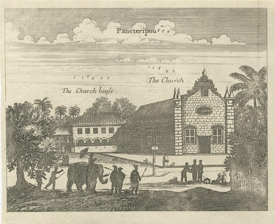 Papier Impression ancienne de diverses églises sur Ceylan ou aujourd'hui Sri Lanka, 1704 en vente