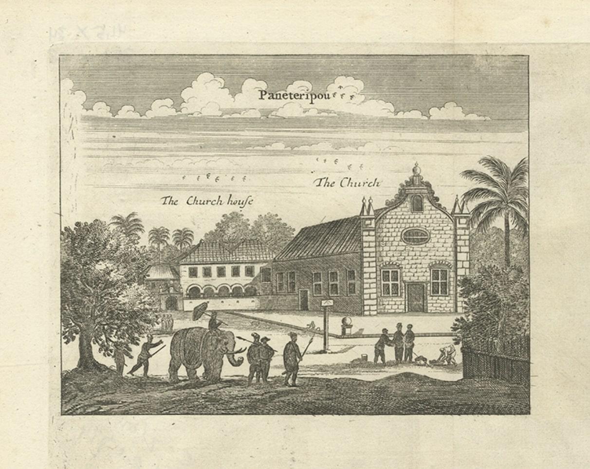 Antique print titled 'Paneteripou, Manipay, Changane, Vanarpone'. Antique print with four views of the churches of Paneteripoum, Manipay, Changane and Vanarpone (Ceylon/Sri Lanka). This print originates from 'A Collection of Voyages and Travels,