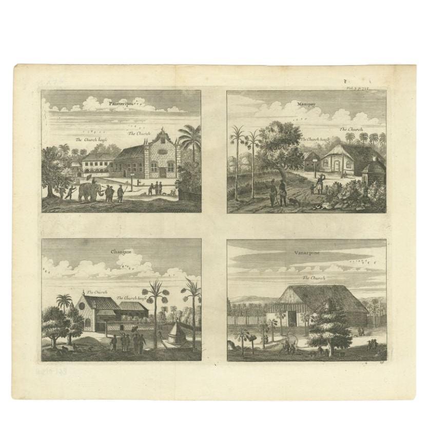 Impression ancienne de diverses églises sur Ceylan ou aujourd'hui Sri Lanka, 1732