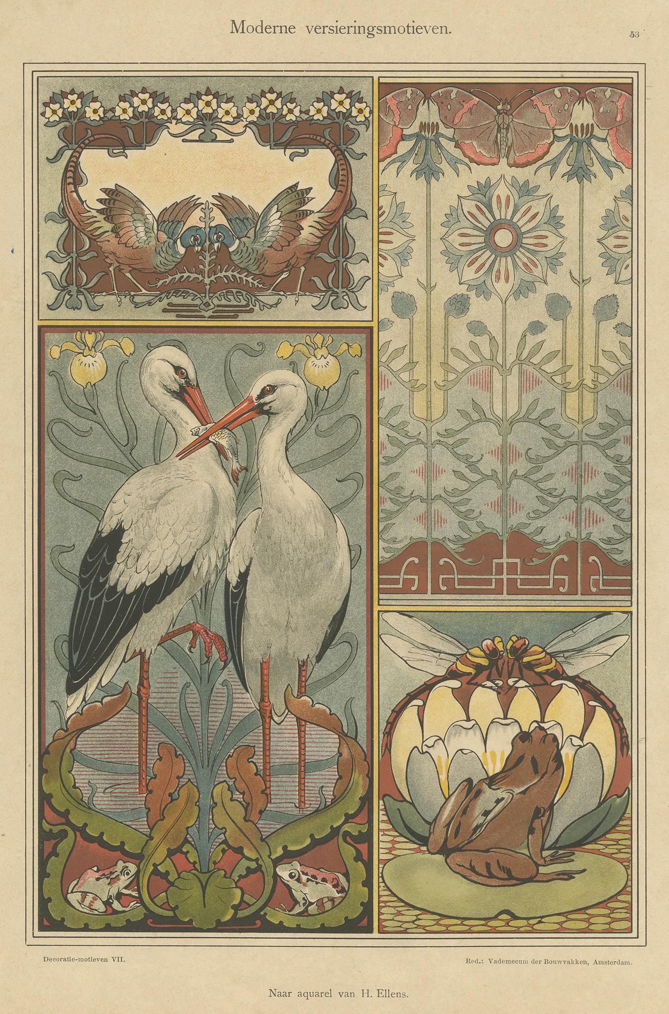 Antique print titled 'Moderne Versierungsmotieven'. Chromolithograph of various decorations including storks catching and eating fish, a frog on a lilypad, flowers and birds. Published, circa 1900.