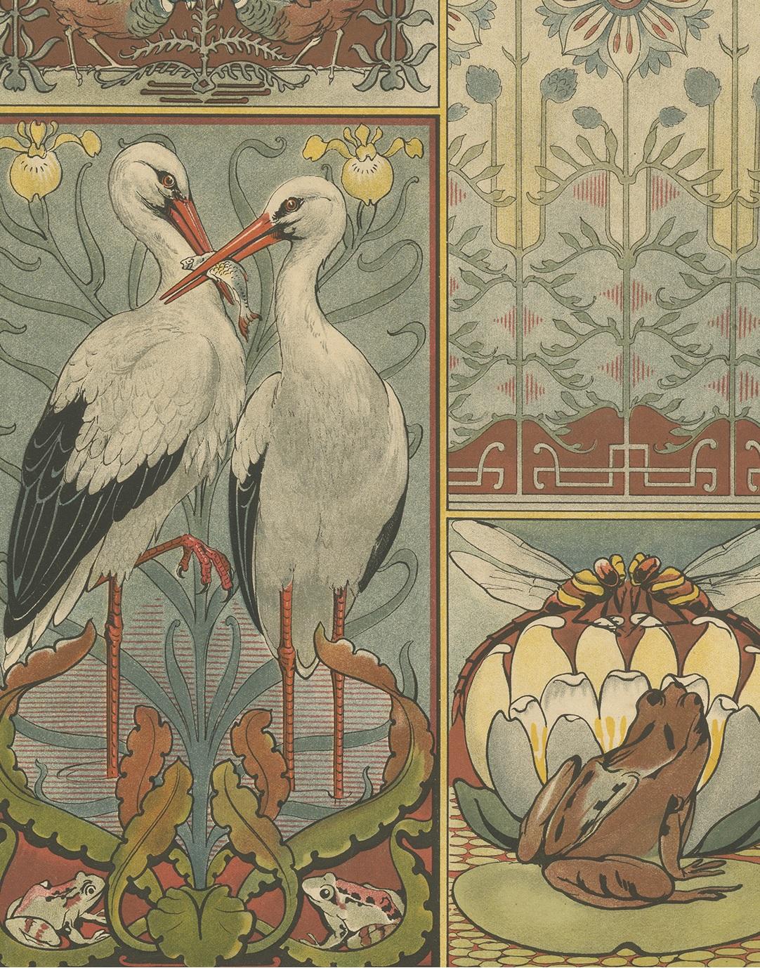 20th Century Antique Print of Various Decorations, Stork, Frog, Bird, Flower, circa 1900