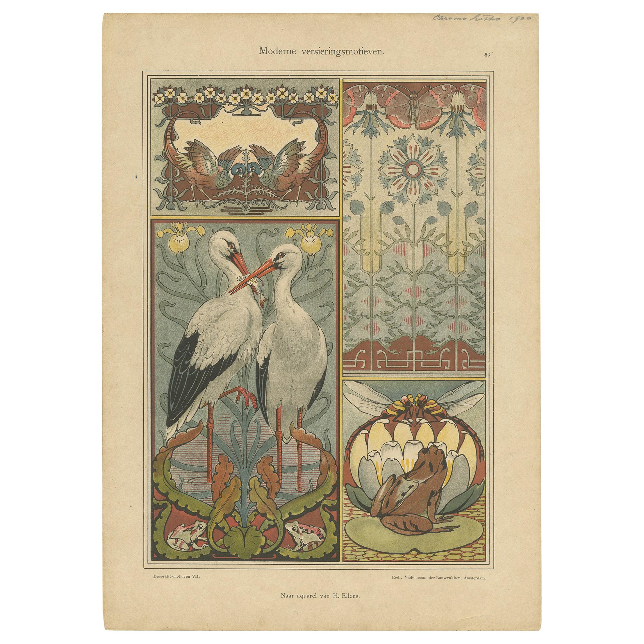 Antique Print of Various Decorations, Stork, Frog, Bird, Flower, circa 1900