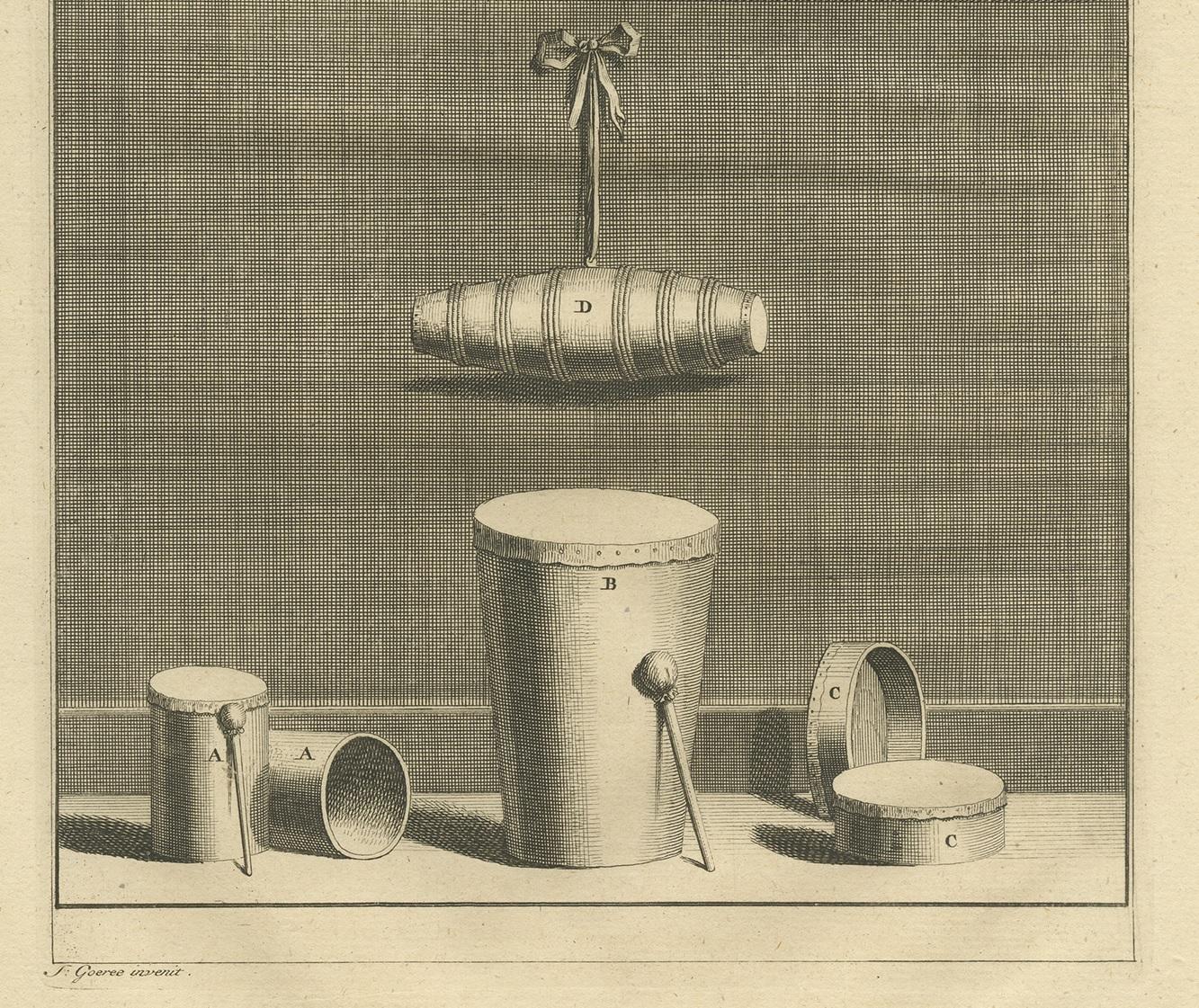 Antiker Druck verschiedener Trommeln von Valentijn '1726' (Niederländisch) im Angebot