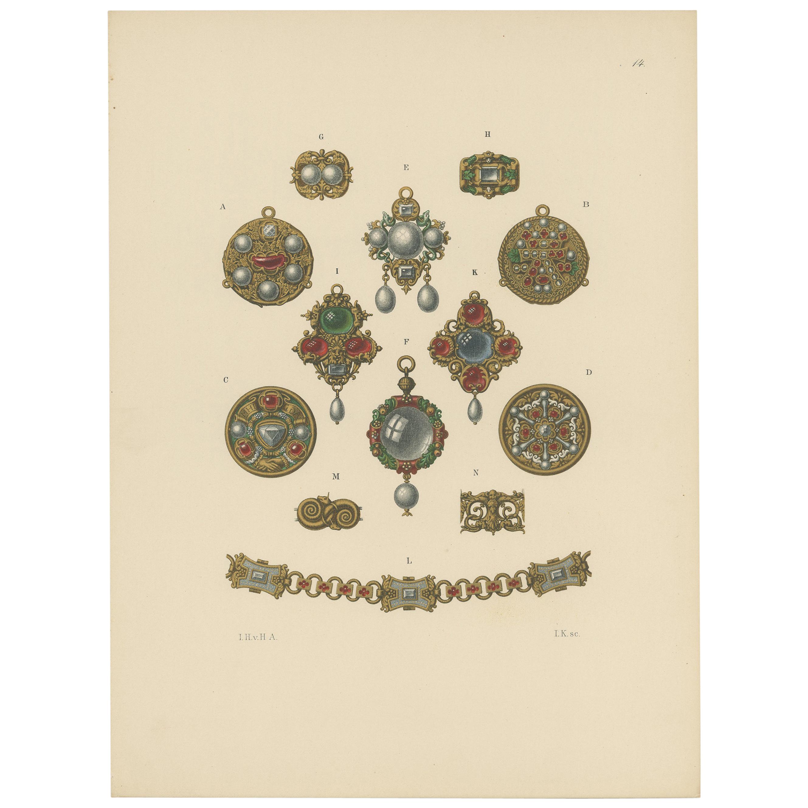 Antique Print of Various Gold Jewelry and Pendants by Hefner-Alteneck, 1890 For Sale