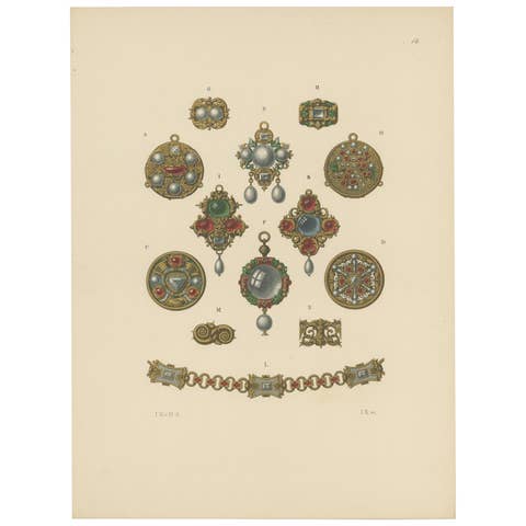 Antique Print of Various Gold Jewelry and Pendants by Hefner-Alteneck, 1890