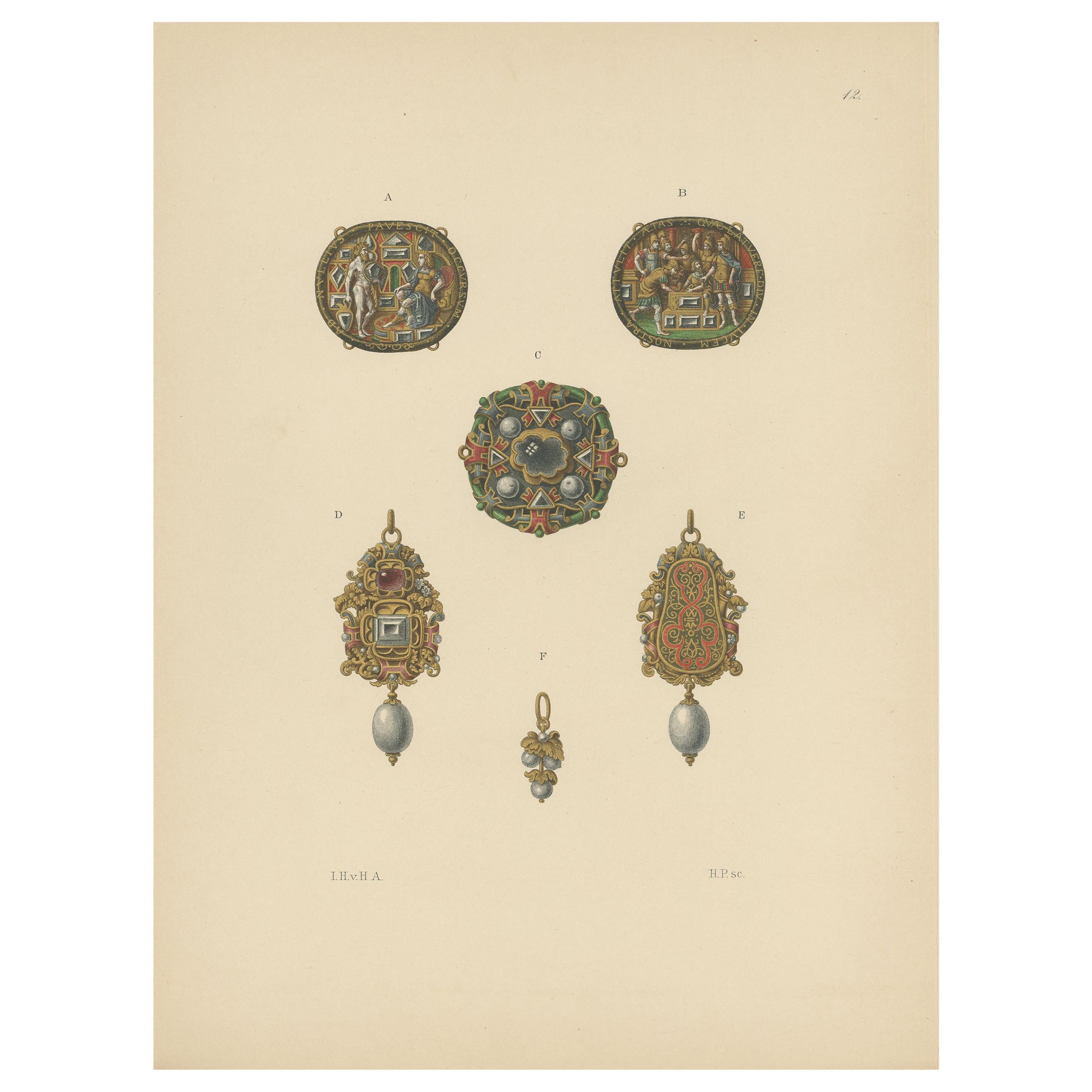 Antique Print of Various Gold Pendants by Hefner-Alteneck '1890' For Sale