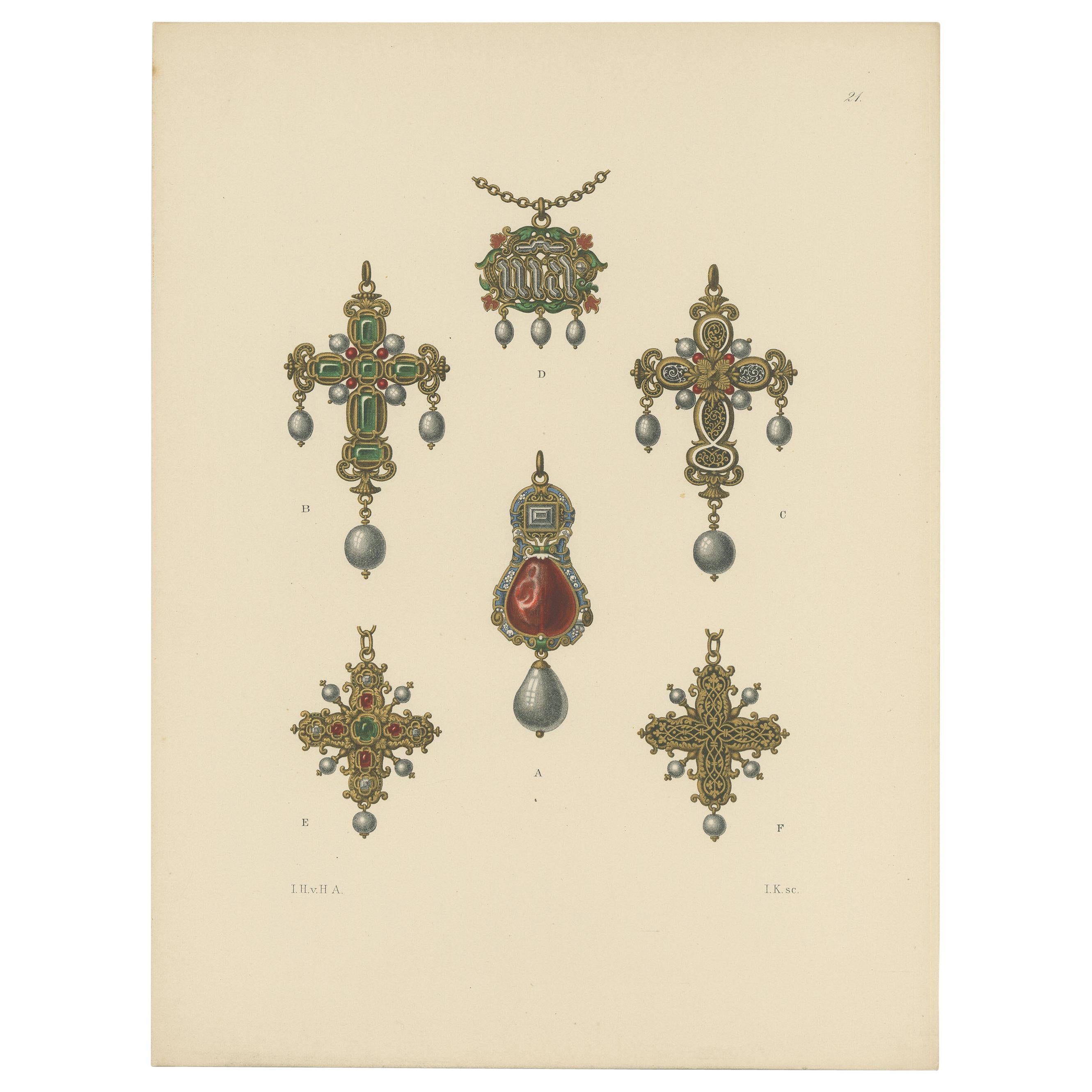Antique Print of Various Gold Pendants with Gems by Hefner-Alteneck '1890' For Sale