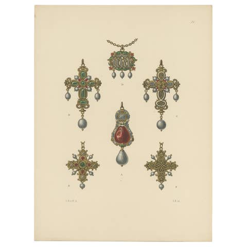 Antique Print of Various Gold Pendants with Gems by Hefner-Alteneck '1890'