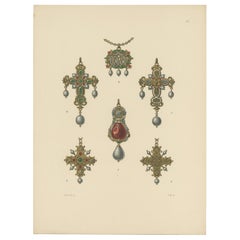 Antique Print of Various Gold Pendants with Gems by Hefner-Alteneck '1890'