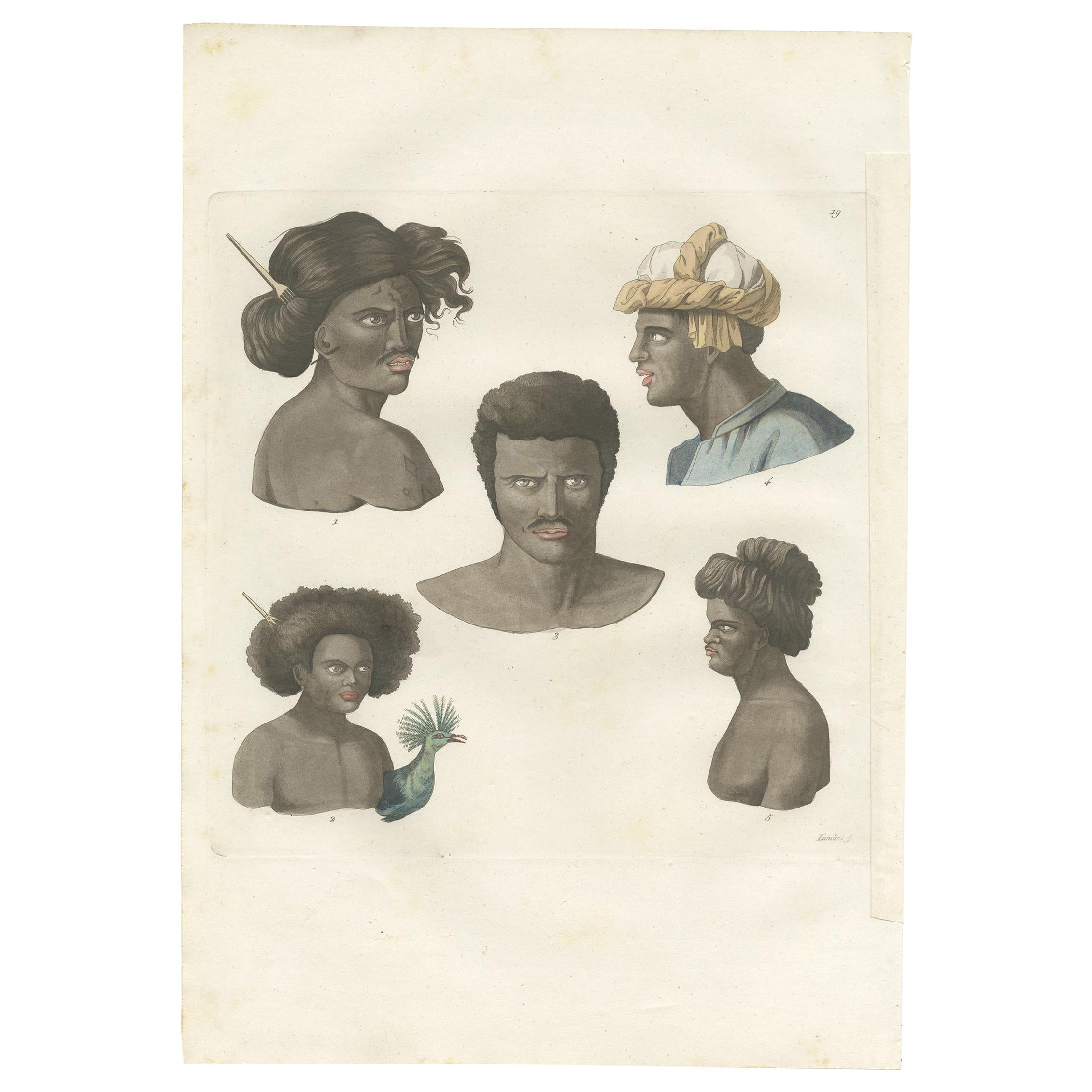 Antique Print of Various Inhabitants of Guébé and Rawak by Ferrario, '1831'